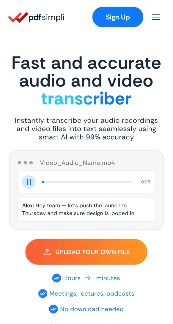 The TranscribeSimpli app showing a transcript with speaker labels and a waveform